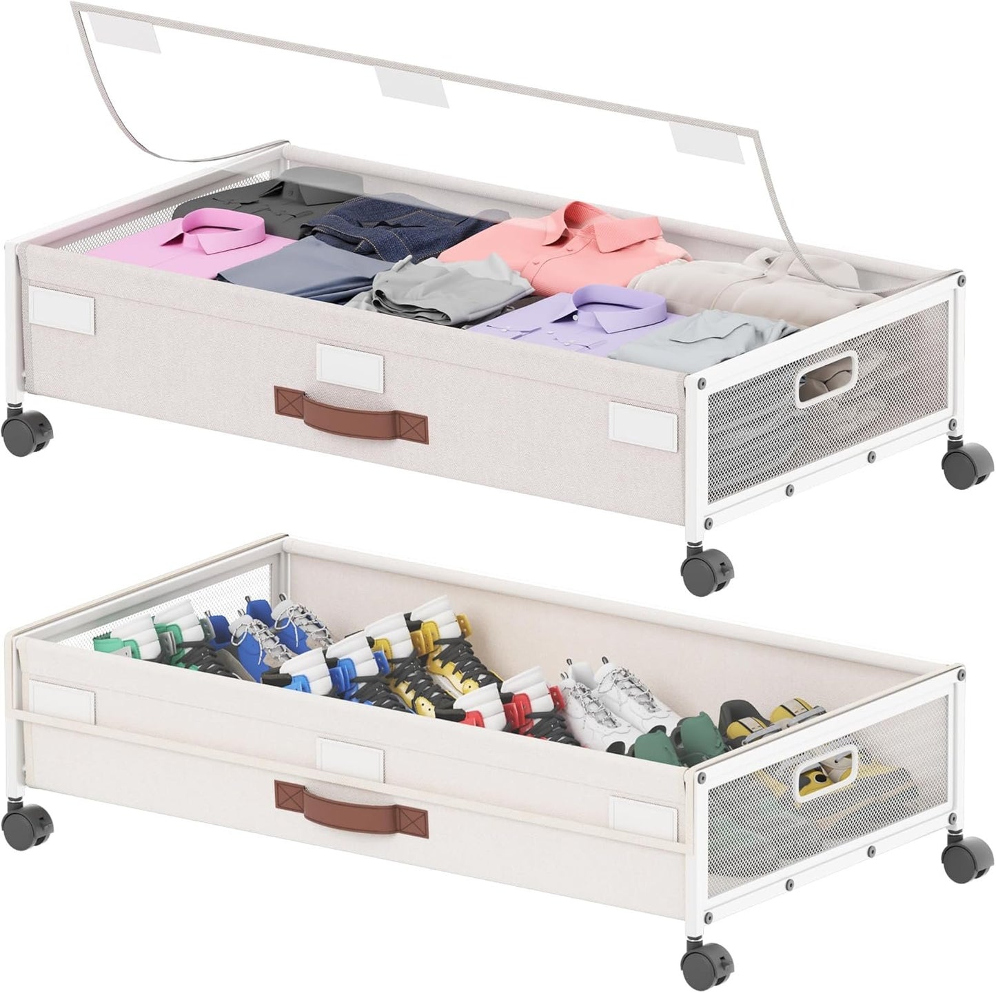 2 Pack Under Bed Storage with Wheels, DEWVIE Metal Under Bed Storage Containers with PVC Clear Lids, Rolling Under Bed Shoe Storage Organizer Under Bed Drawers for Clothes, Books, Toys (White)