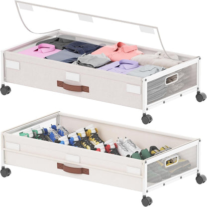 2 Pack Under Bed Storage with Wheels, DEWVIE Metal Under Bed Storage Containers with PVC Clear Lids, Rolling Under Bed Shoe Storage Organizer Under Bed Drawers for Clothes, Books, Toys (White)