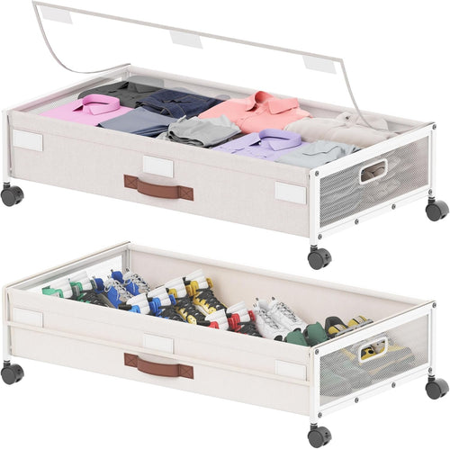 2 Pack Under Bed Storage with Wheels, DEWVIE Metal Under Bed Storage Containers with PVC Clear Lids, Rolling Under Bed Shoe Storage Organizer Under Bed Drawers for Clothes, Books, Toys (White)