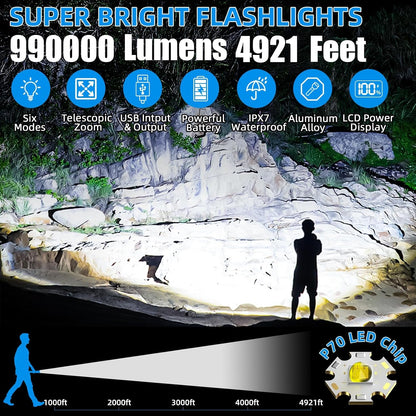 Rechargeable Flashlight 990000 High Lumen, Brightest LED Flashlights with IPX7 Waterproof, Zoomable, 4 Lighting Modes Super Bright Flash Light, Tactical Flash Light for Outdoor, Camping, Emergency