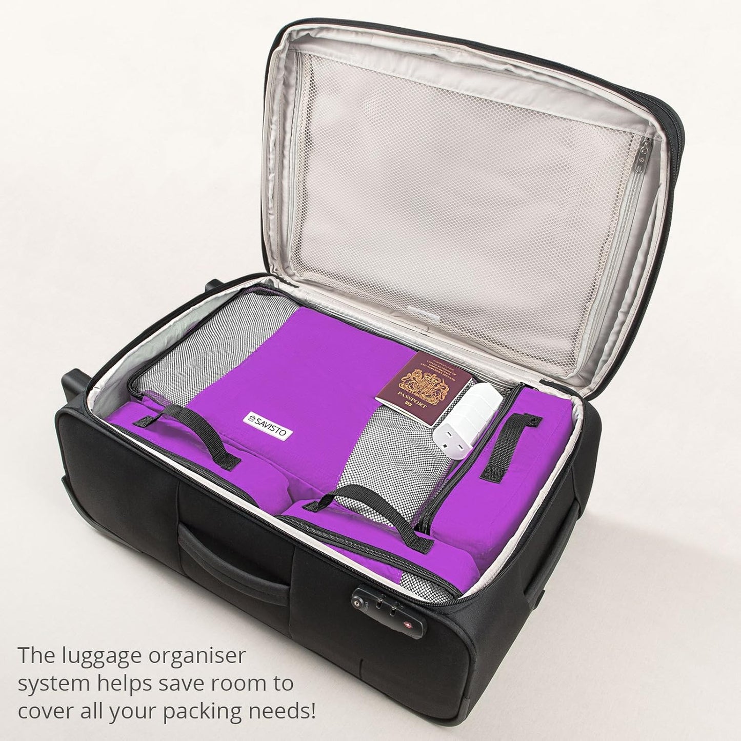 Savisto Suitcase Organizer - Small, Medium, Large, XL (Set of 6 Pieces Suitcase Organizer) - Available in 7 Colours, Purple, 1x XL / 2x L / 2x M / 1x S