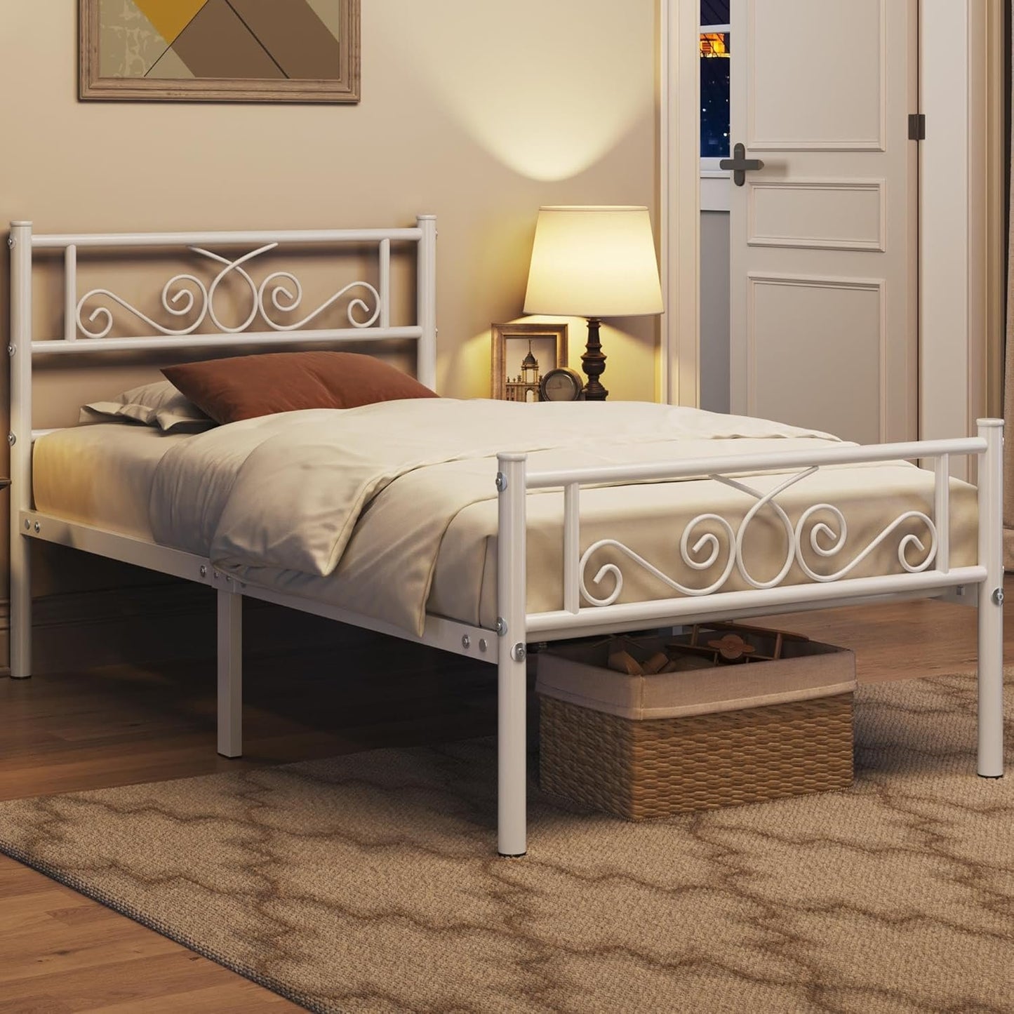 Yaheetech Classic Metal Platform Bed Frame with Headboard and Footboard Flower Design Mattress Foundation for Adults Easy Set Up Structure Twin Size White