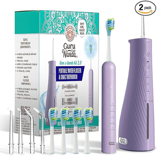 GuruNanda Lion & Lamb Kit 2.0, Electric Toothbrush with Water Flosser Combo, 4 Jet Tips, 4 Brush Heads, & IPX7 Waterproof Design for Complete Oral Care, Lavender