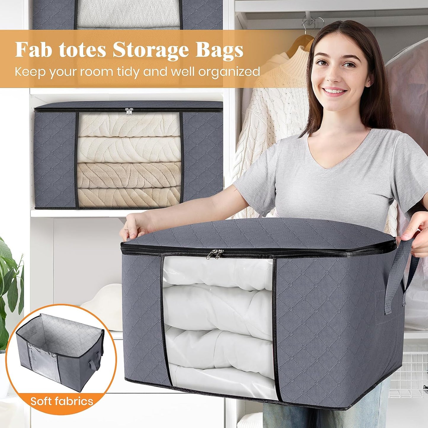 Fab totes 2-Pack Clothes Storage, Stackable Storage Bin Tote, Storage Containers for Organizing Bedroom, Closet, Home Organization and Storage with Lids, Grey