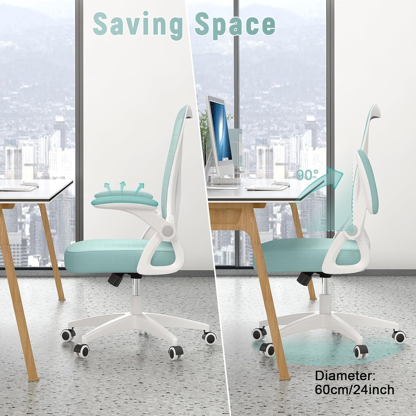 naspaluro Ergonomic Office Chair, Computer Chair with Adjustable Height, Flip-Up Arms and Lumbar Support, Breathable Mesh Desk Chair for Home Study Working (Without Headrest, Green)