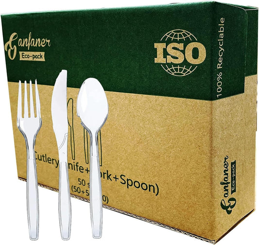 50 Sets Compostable Reusable Cornstarch Knives Forks Spoons Utensils, Ganfaner Cutlery Set Cornstarch Spoon Fork Knife for Party Camping Catering (Spoon 50, Fork 50, Knives 50)
