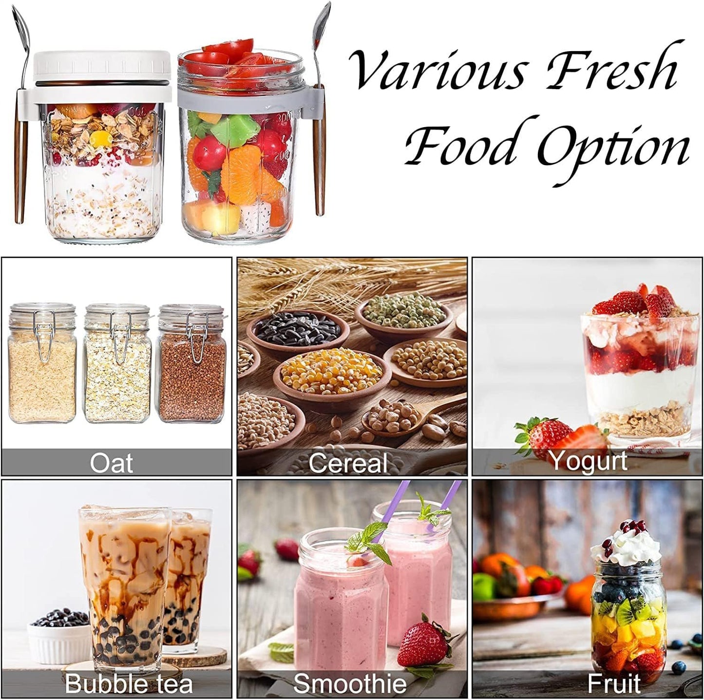HJB VISSO Glass Jars, Overnight Oats Container with Lid and Spoon [4 Pack], Overnight Oats Jars, 350ml / 10 oz Cereal, Milk, Vegetable and fruit Salad Storage Container with Measurement Marks