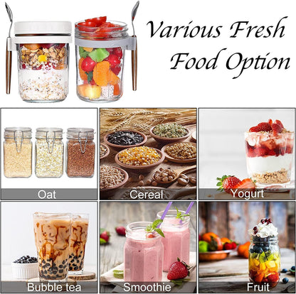 HJB VISSO Glass Jars, Overnight Oats Container with Lid and Spoon [4 Pack], Overnight Oats Jars, 350ml / 10 oz Cereal, Milk, Vegetable and fruit Salad Storage Container with Measurement Marks