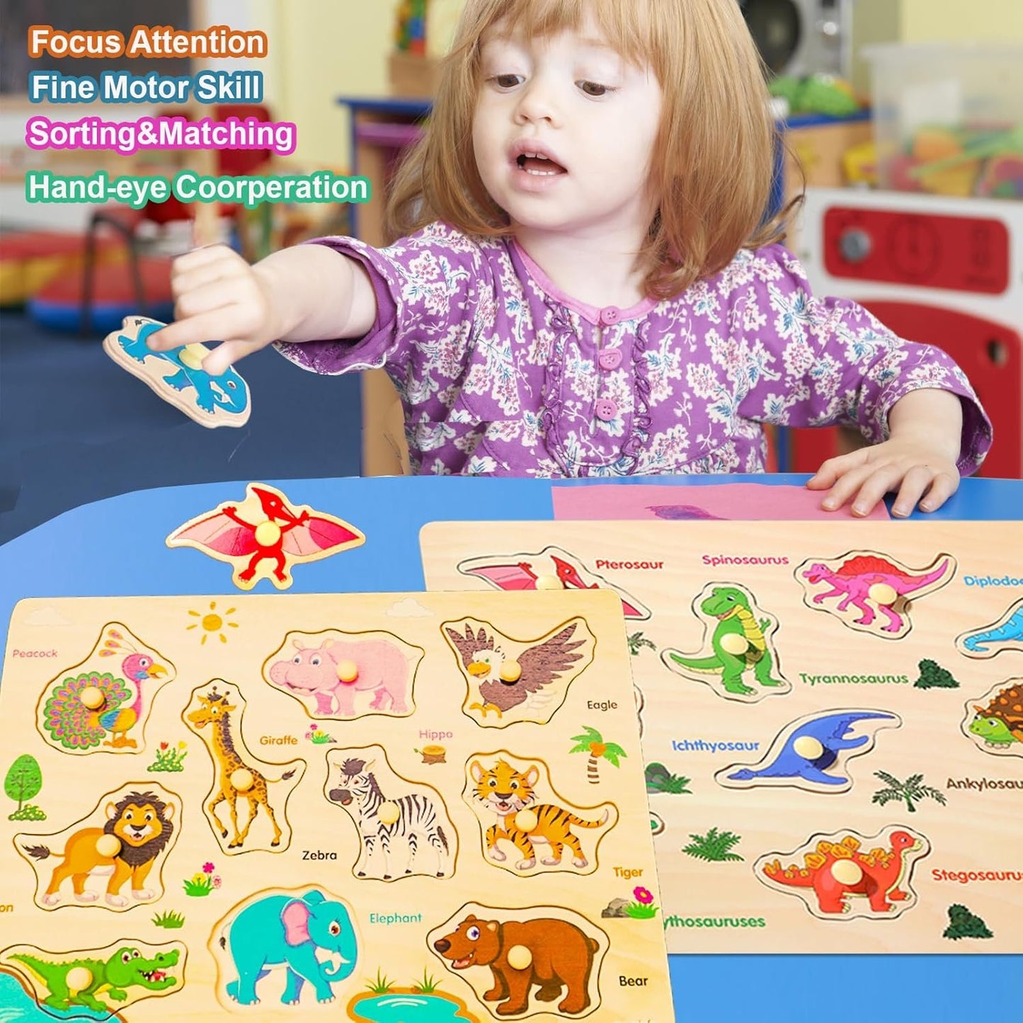LOYUEGIYO 6PCS Toddler Wooden Peg Puzzle Toys for Age 2-4 3-5 Year Old Boys Girls,Educational Learning Sensory Toy,Puzzles for Toddlers Kids,Dinosaur&&Ocean&Alphabet&Number Shape&Animal&Fruit Puzzles