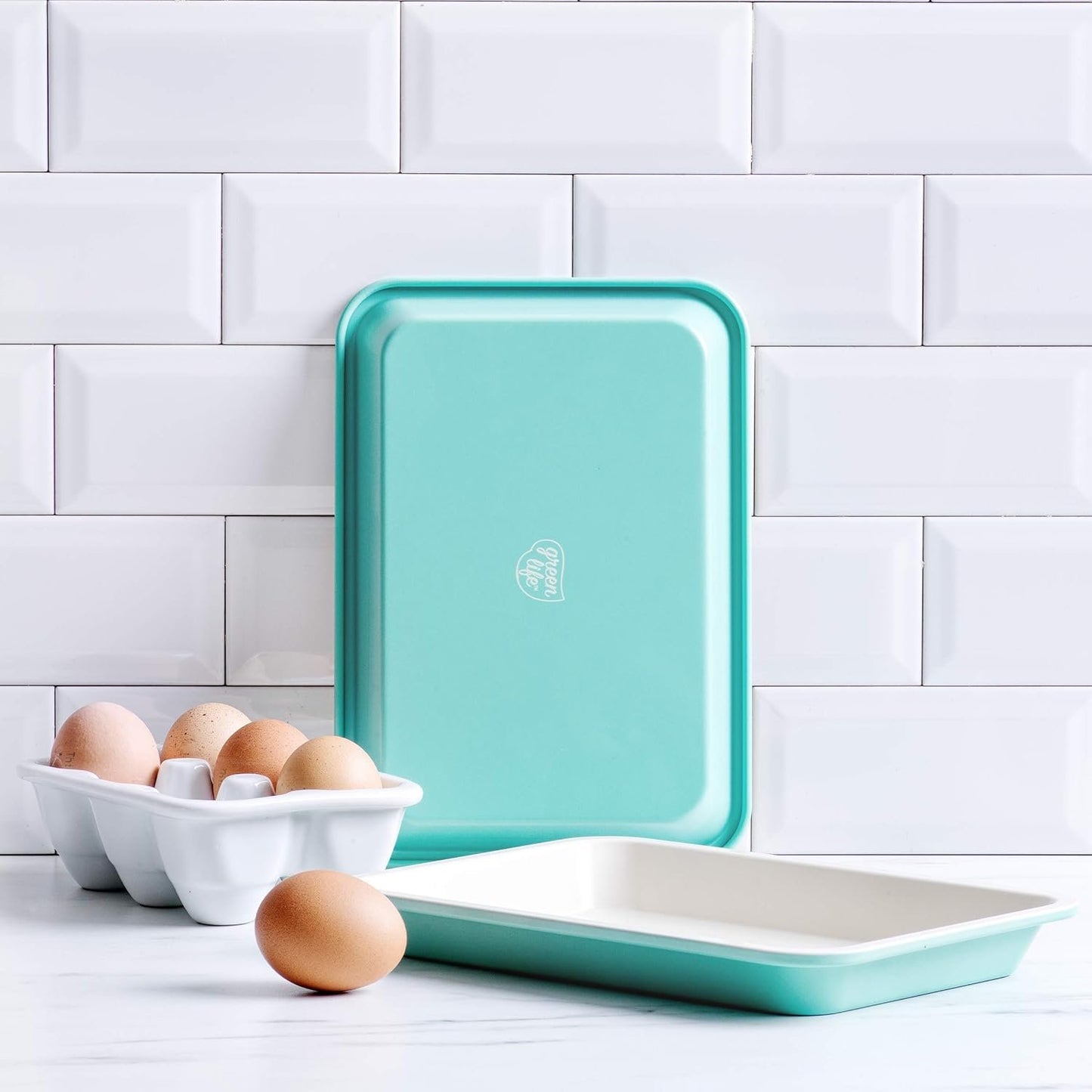 GreenLife Healthy Ceramic Nonstick, 9" x 7" Toaster Oven Cookie Sheet Baking Pan Set, PFAS-Free, Turquoise