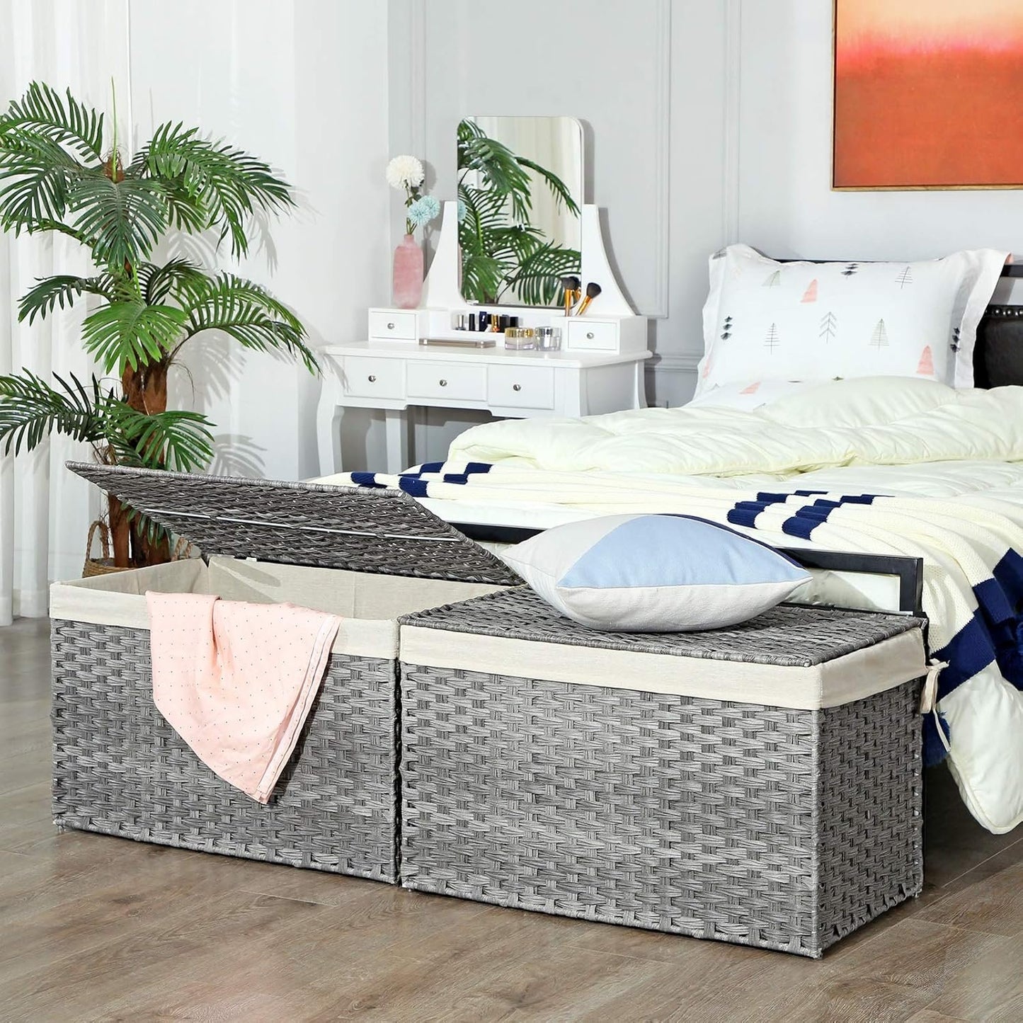 SONGMICS Storage Basket with Lid, 42.3 Gallon (160L) Storage Bin, Woven Blanket Storage Basket with Handles, Foldable, Removable Liner, Metal Frame, for Bedroom, Laundry Room, Gray URST76WG