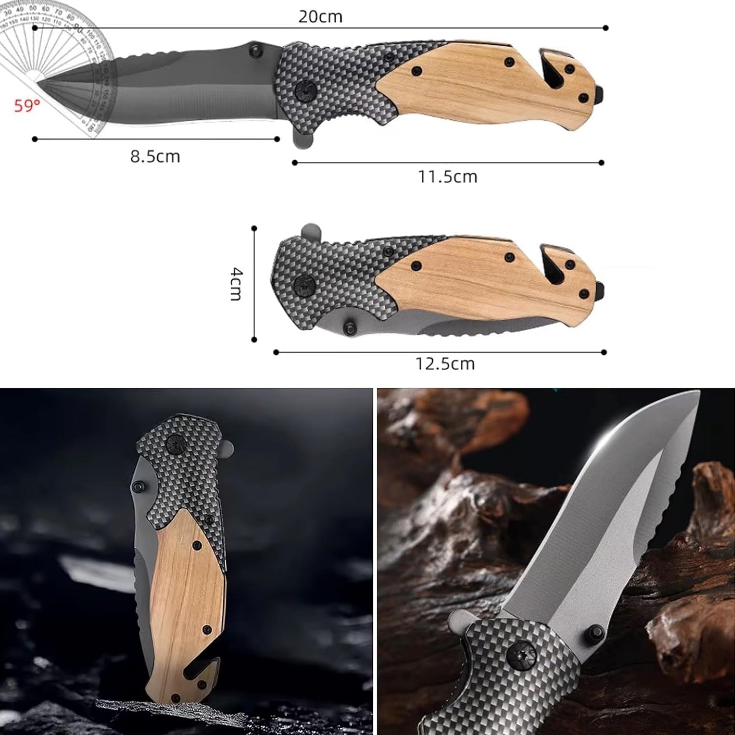 EDC Folding Knife-Pocket knife-Glass Breaker, Seatbelt Cutter, Perfect for Camping,Everyday Carry Knife for Men and Women-Indoor/Outdoor-Wooden Handle