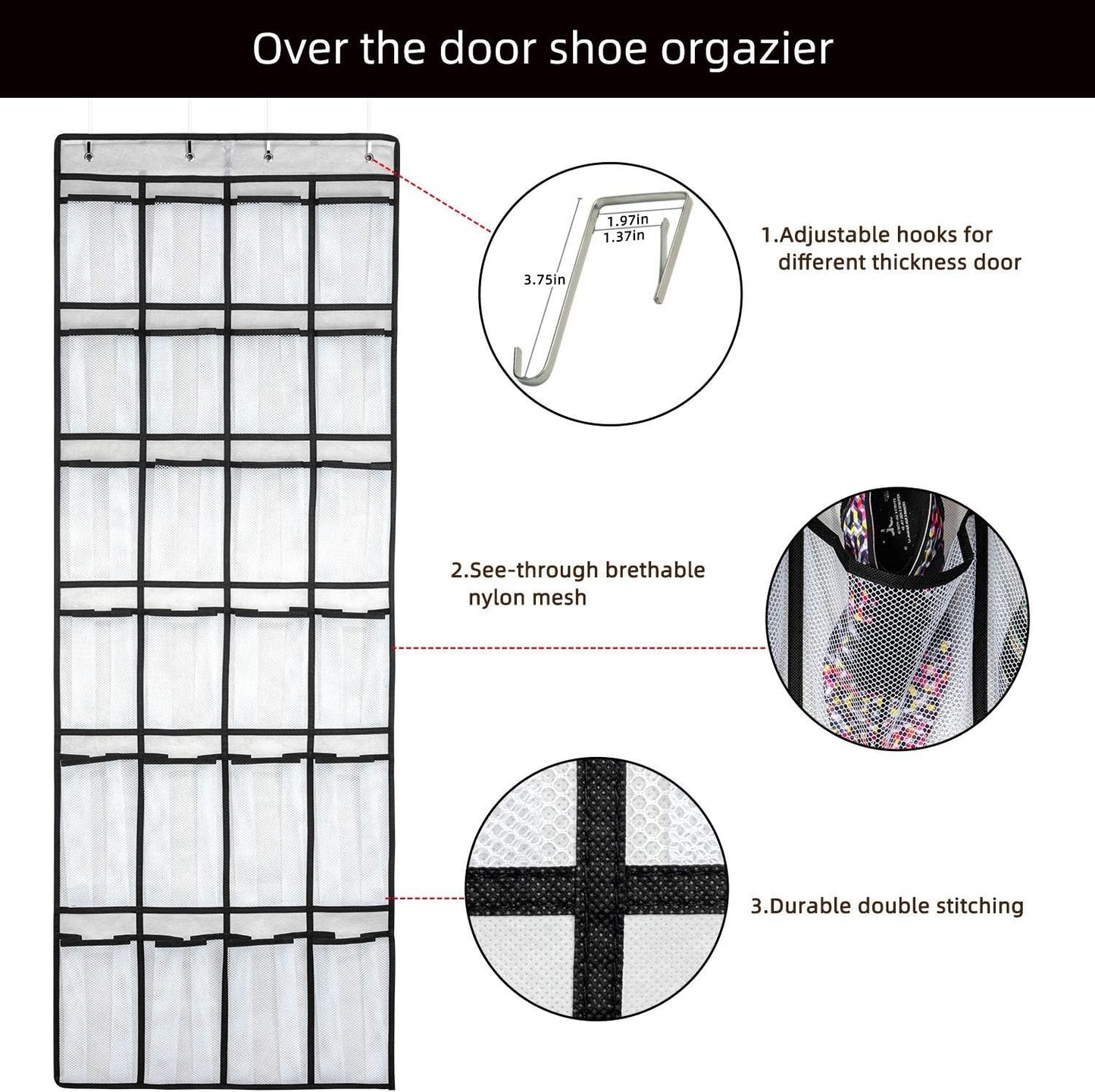 SAVERHO Over The Door Shoe Organizer, Hanging Shoe Organizer with 24 Mesh Large Pockets Door Shoe Rack Organizer for Men Women Kids Hanging Shoe Storage Bag.(White)