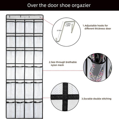 SAVERHO Over The Door Shoe Organizer, Hanging Shoe Organizer with 24 Mesh Large Pockets Door Shoe Rack Organizer for Men Women Kids Hanging Shoe Storage Bag.(White)