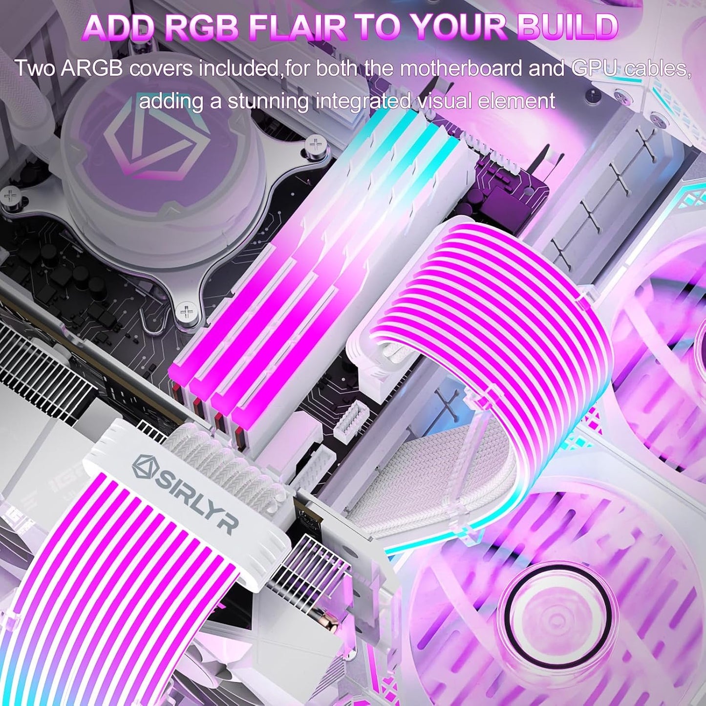 Sirlyr RGB PSU Cables Cover Set with Two Lighting Panels fit 24 Pin Motherboard,8 Pin GPU,12VHPWR PC Power Supply Extension Cable - Upgrade 120 LEDs 6 Light Strips with Wireless ARGB Control