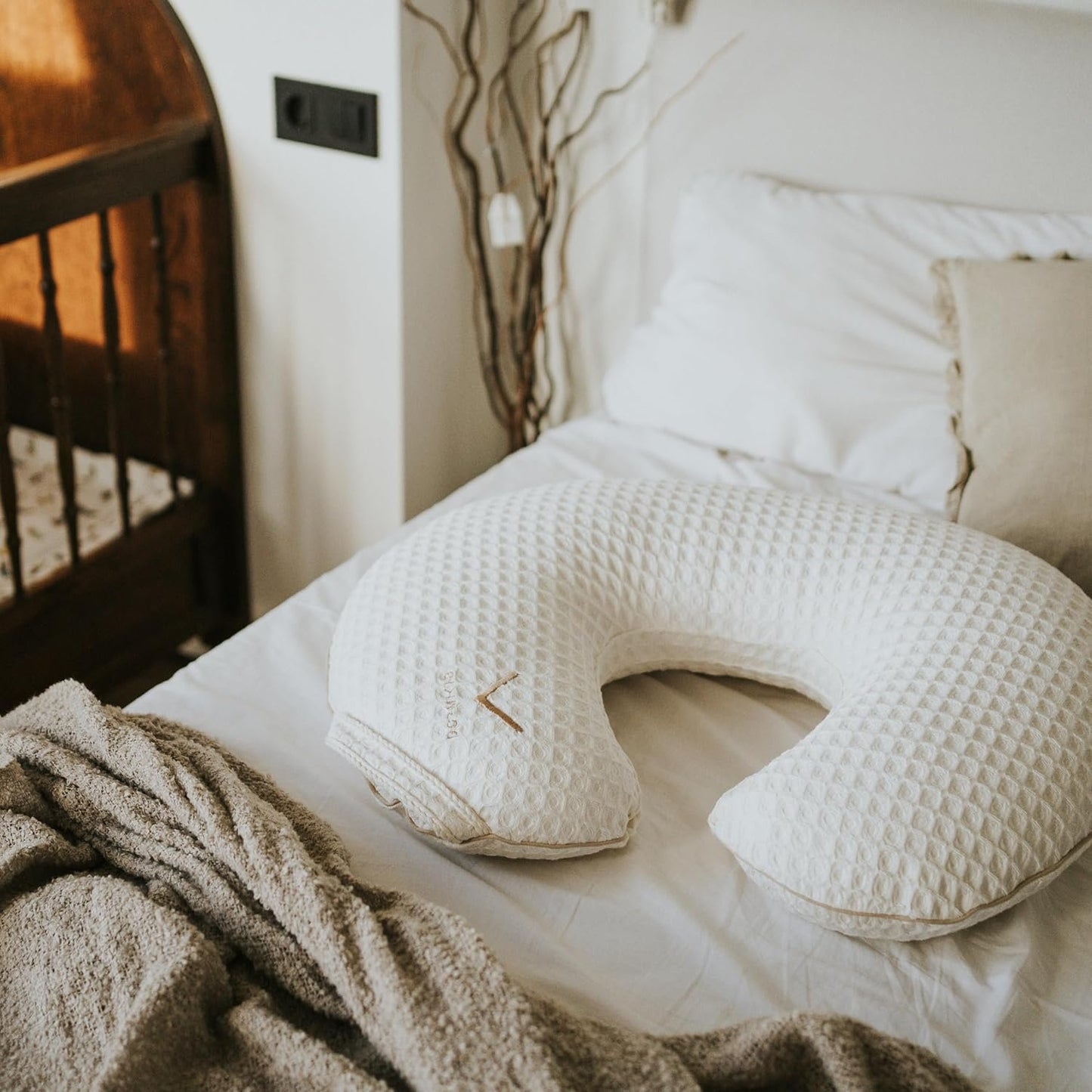 Organic Nursing Pillow with Cover • Premium Quality 100% Cotton Oeko-Tex Standard • Moon Pillow for Breastfeeding and Bottle Feeding • Soft and Breathable • (Ivory waffle)