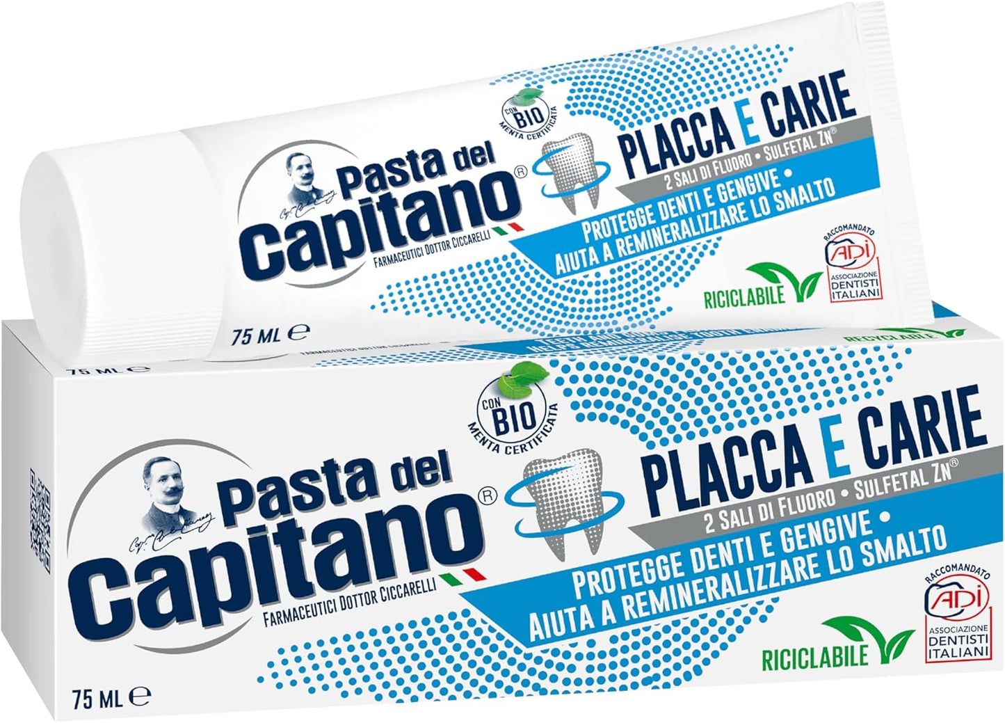 Pasta del Capitano, Toothpaste Plaque and Organic Caries, Ensures Deep Cleaning, Protects Teeth and Gums, Ideal Solution against Plaque and Caries, 100% Made in Italy, 75 ml Tube