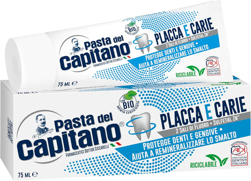 Pasta del Capitano, Toothpaste Plaque and Organic Caries, Ensures Deep Cleaning, Protects Teeth and Gums, Ideal Solution against Plaque and Caries, 100% Made in Italy, 75 ml Tube