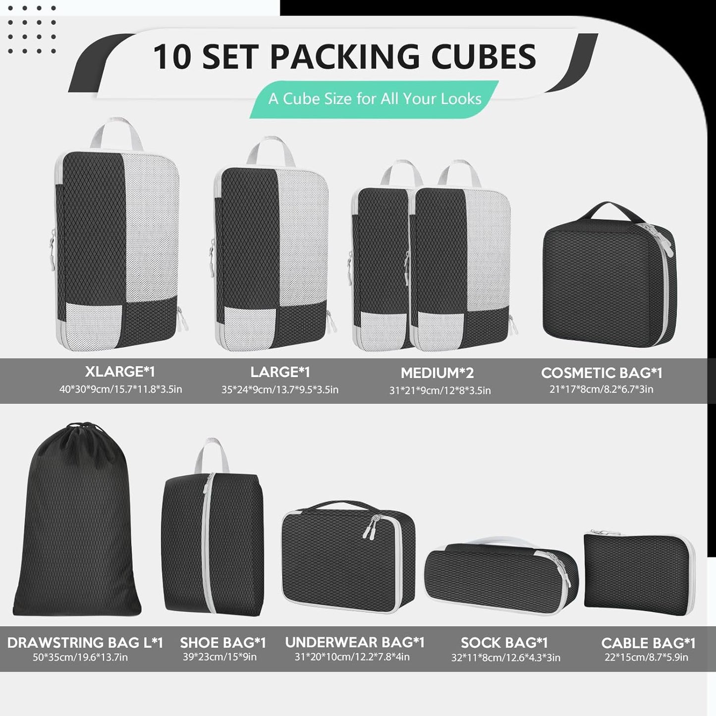 Avmvnvc Suitcase Organizer, 10 Piece Set Travel Organizer Space Saving Suitcase Organizer Compression Packing Cubes Packing Cubes Organizer Suitcase for Clothes, Cosmetics, Black