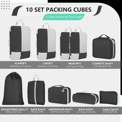 Avmvnvc Suitcase Organizer, 10 Piece Set Travel Organizer Space Saving Suitcase Organizer Compression Packing Cubes Packing Cubes Organizer Suitcase for Clothes, Cosmetics, Black