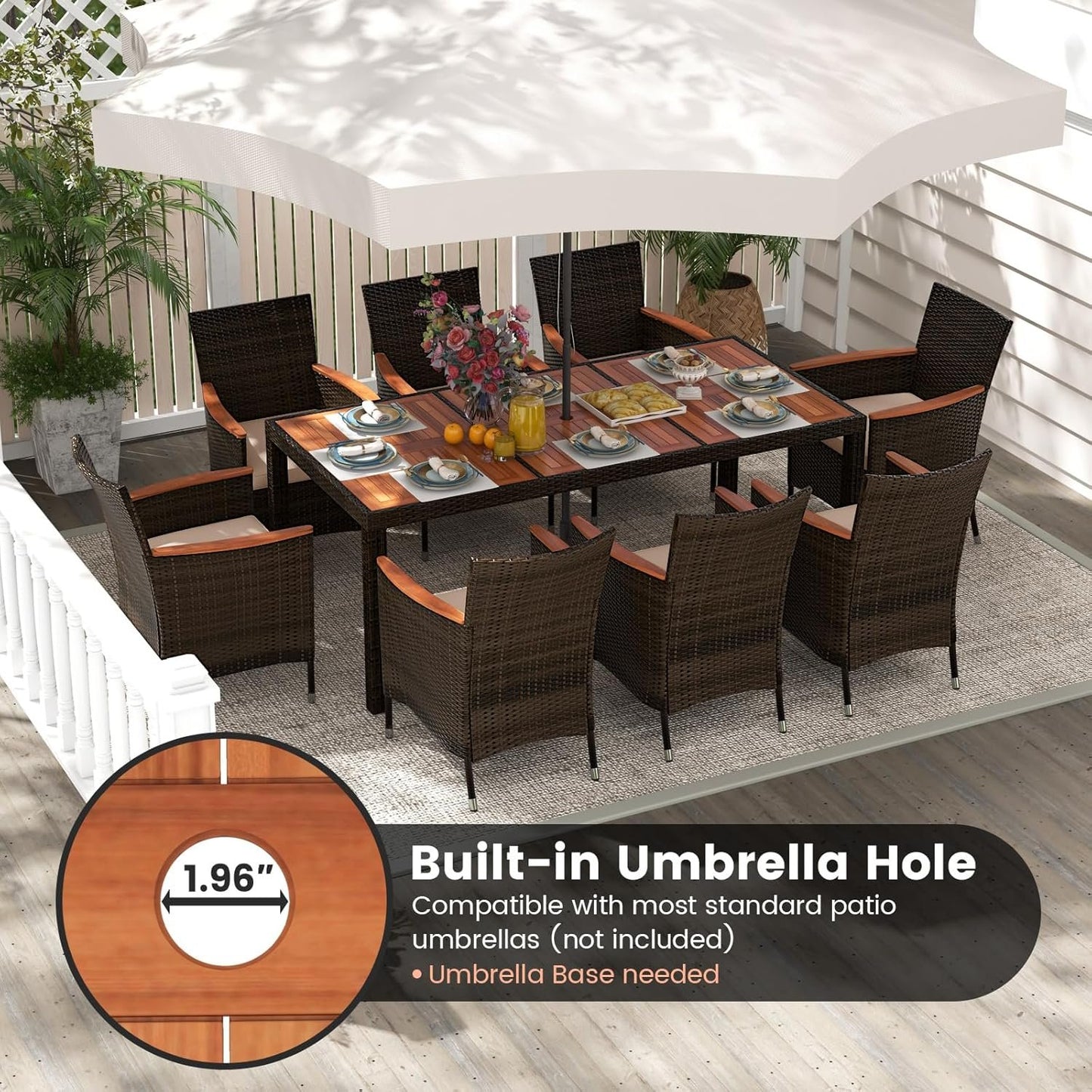 ORALNER 9 Pieces Outdoor Dining Set, Patio Wicker Dining Table and Chairs Set with Acacia Wood Table Top, Seat Cushions, Rattan Dining Table Set for 8, Garden Yard Poolside Deck (Beige)