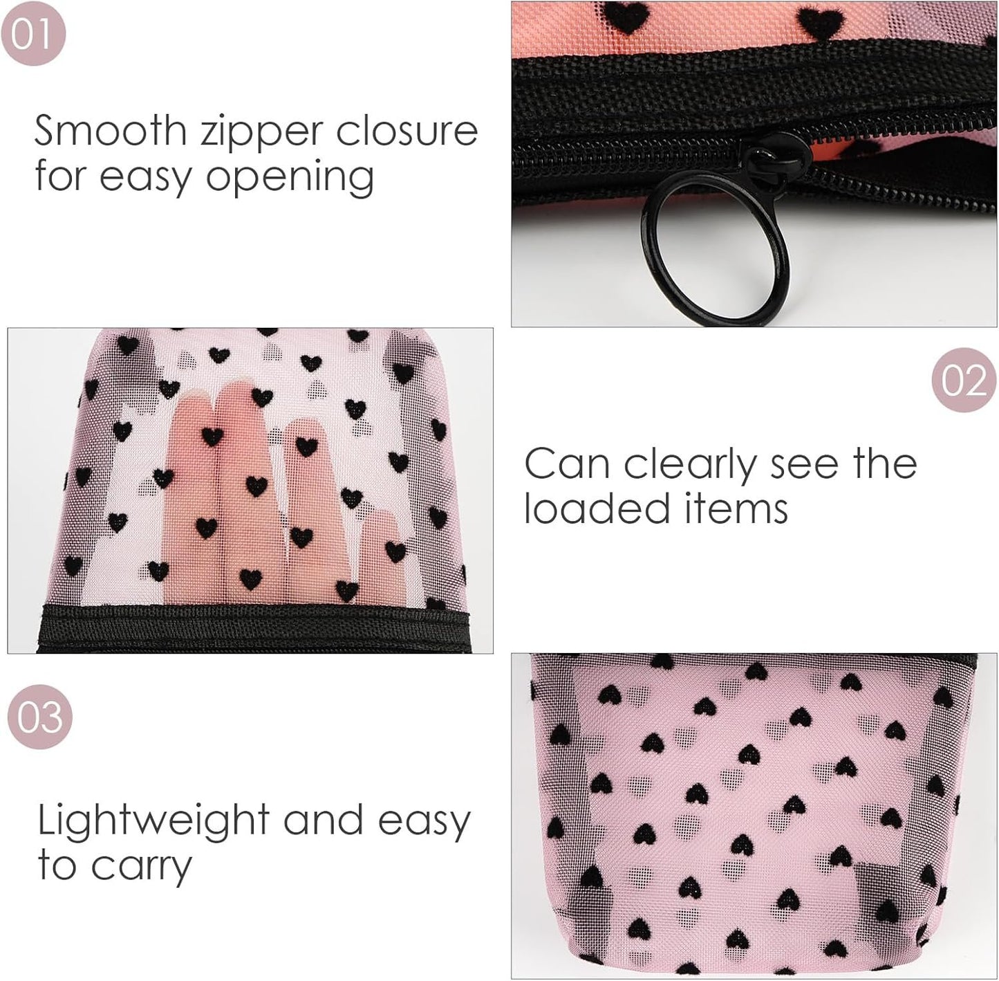 Adorila Mesh Makeup Bags, Heart Print Zipper Mesh Storage Pouch, Travel Cosmetic Accessories Organizer for Women, mini-set of 6