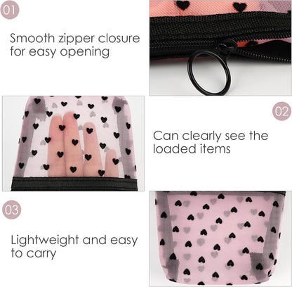 Adorila Mesh Makeup Bags, Heart Print Zipper Mesh Storage Pouch, Travel Cosmetic Accessories Organizer for Women, mini-set of 6