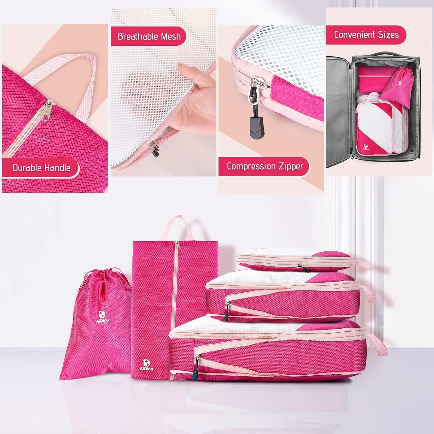 AiQInu 5 Piece Suitcase Organizer, Compression Packing Cube Space-Saving Expandable Ultralight Travel Organizer for Clothes, Shoes, Underwear Travel Set for Backpacks or Hand Luggage (Pink)