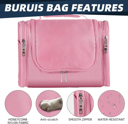 Buruis Large Capacity Toiletry Bag for Women, Hanging Toiletry Organizer Cosmetics Makeup Bag, Water-Resistant Hygiene Travel Bag for Full Sized Toiletries, Travel Essentials, Accessories (Pink)
