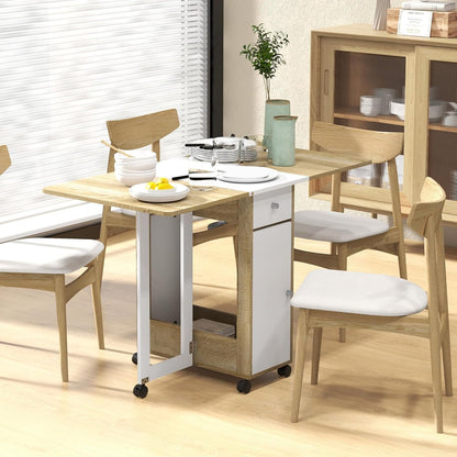 HOMCOM Foldable Dining Table, Collapsible Drop Leaf Table with 2 Drawers, Cabinet and Caster Wheels, Folding Kitchen Table for Small Spaces, Dining Room, Oak