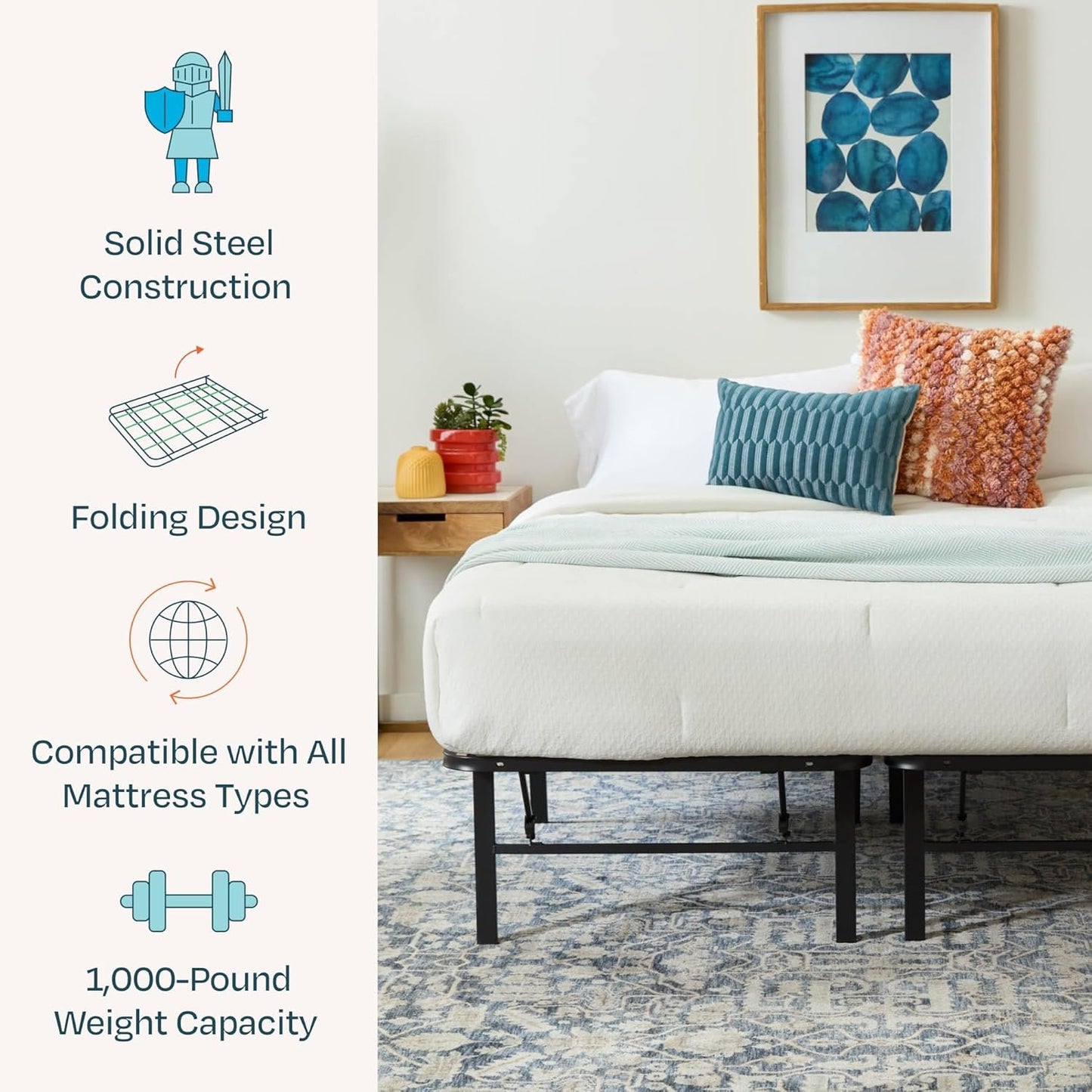 LINENSPA 14 Inch Folding Metal Platform Bed Frame - 13 Inches of Clearance - Tons of Under Bed Storage - Heavy Duty Construction - 5 Minute Assembly - Full