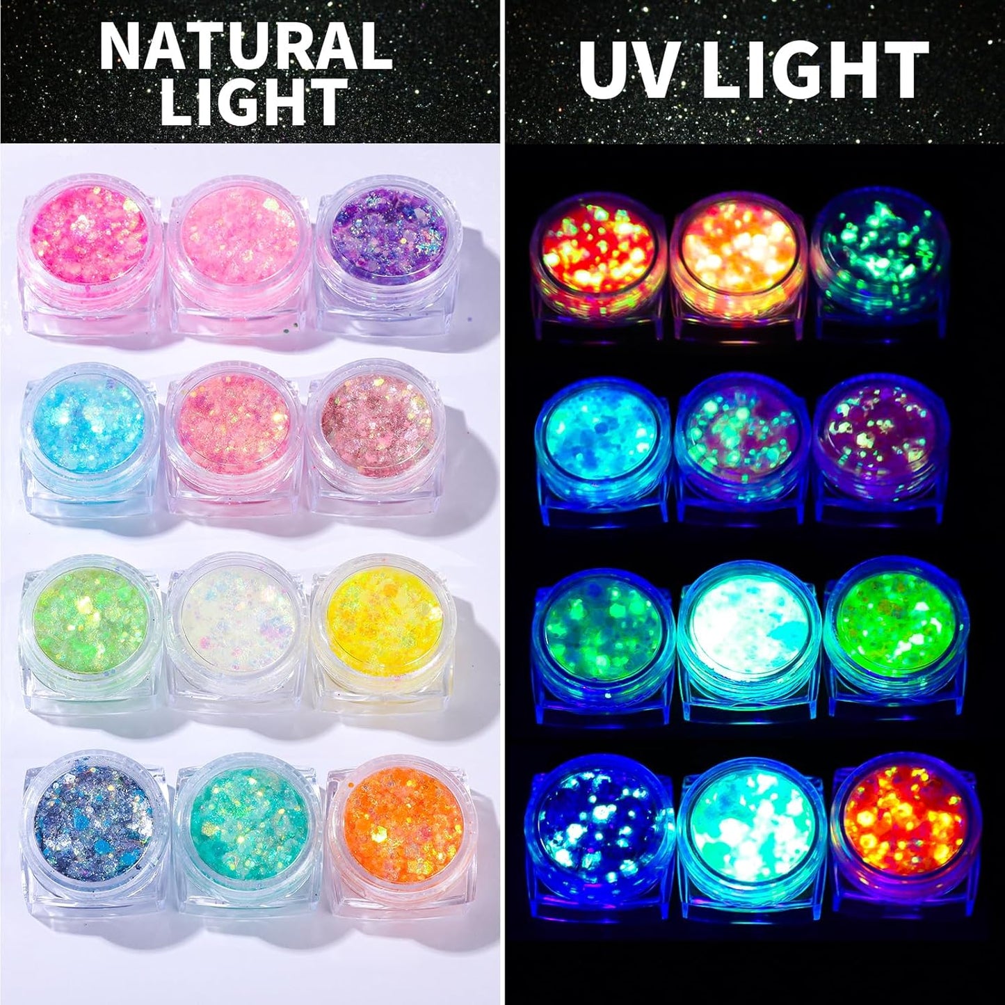 Teenitor 12 Colors Glow in The Dark Glitter Gel, Face Glitter Body Glitter Gel Hair Glitter for UV Black Light Makeup Raves Festivals