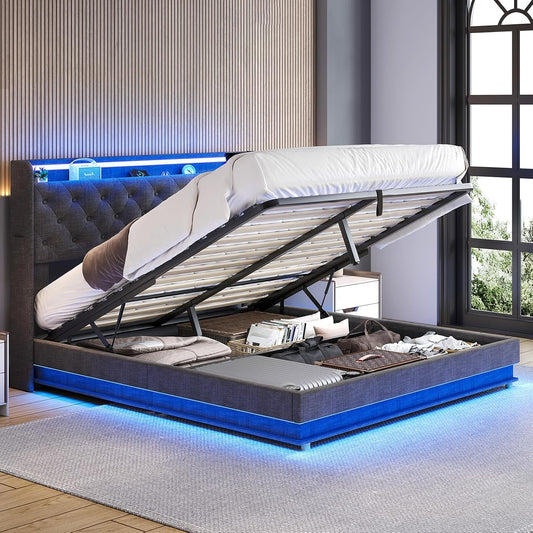 Levede Double Bed Frame,Fabric Upholstered Bed Base with Gas Lift Storage, RGB LED Lights, USB Charging,Headboard,Under Bed Storage Space, Easy Assembly, Bedroom Furniture