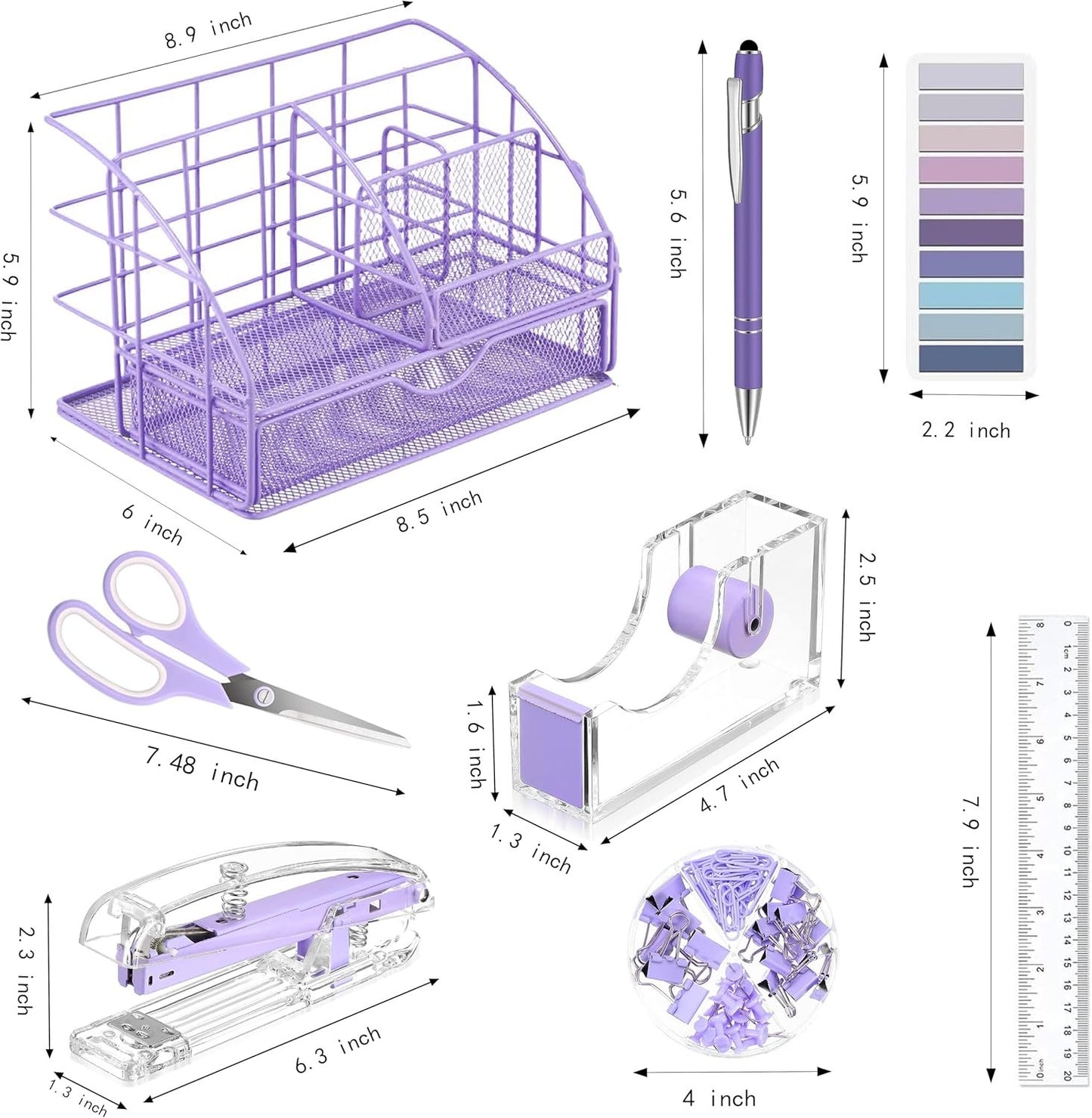 Purple Desk Organizers and Accessories, Purple Office Supplies with Mesh Desk Organizer, Acrylic Tape Dispenser and Stapler, Staples, Ballpoint Pen, Clips Set, Ruler, Scissor, Sticky Labels