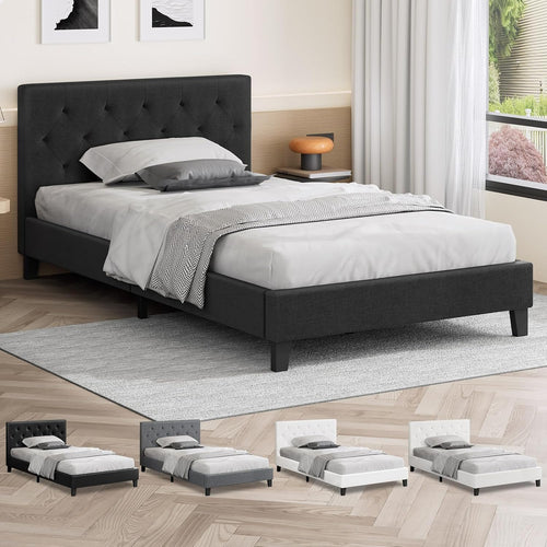 ALFORDSON Bed Frame Base Single Size, Bed Platform Foundation with Linen Fabric Upholstered Tufted Headboard for Mattress Topper, Madelyn Fabric Charcoal