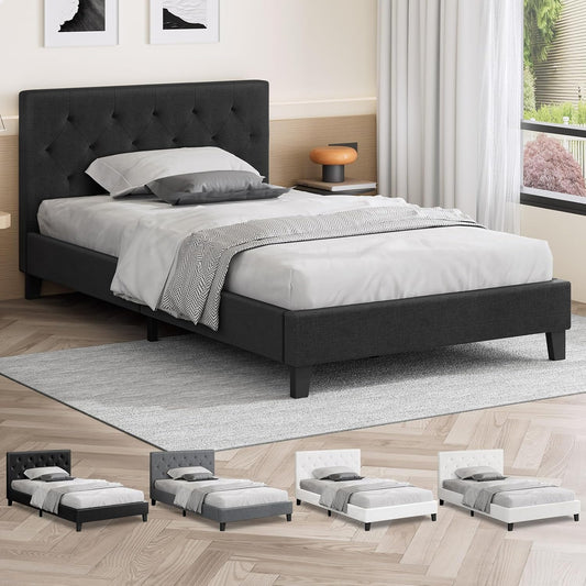 ALFORDSON Bed Frame Base Single Size, Bed Platform Foundation with Linen Fabric Upholstered Tufted Headboard for Mattress Topper, Madelyn Fabric Charcoal