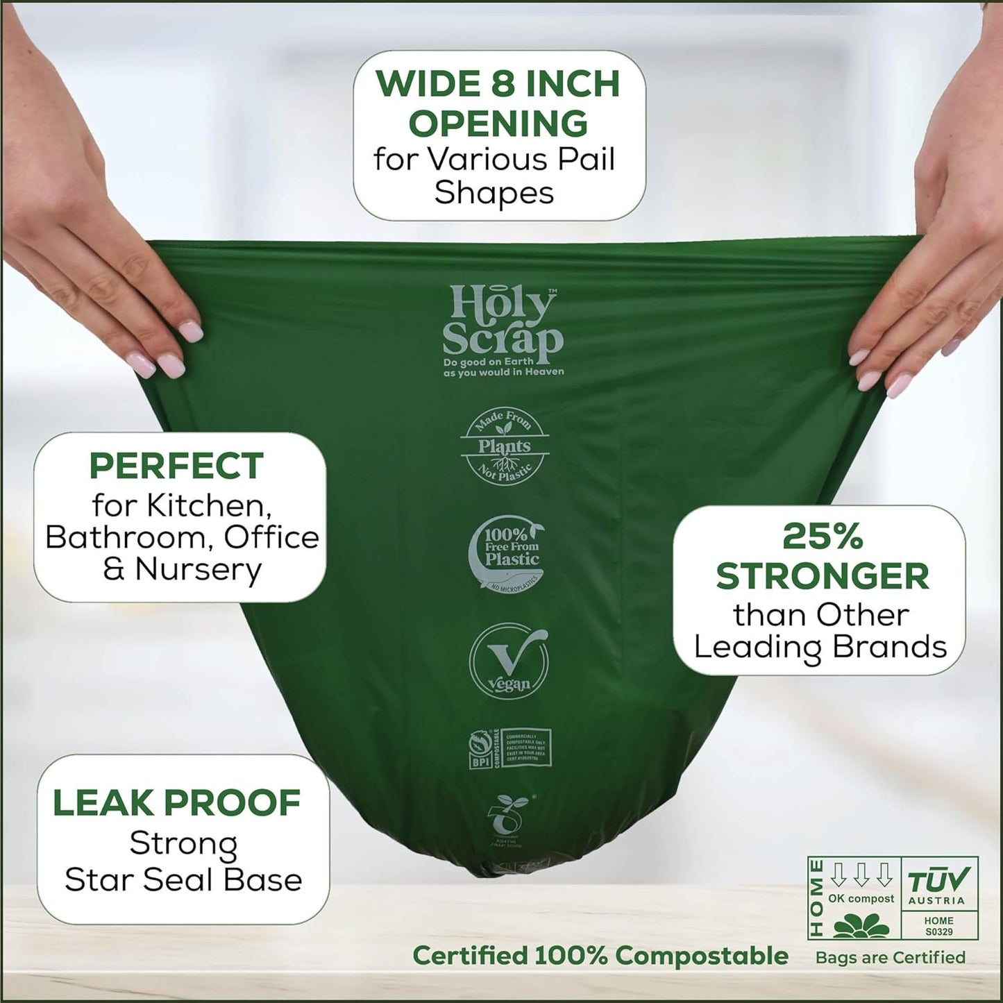 Holy Scrap! Compostable Trash Bags Small - Pack of 200 - Kitchen Compost Bags 2.6 Gallon Trash Bags - Compost Biodegradable Bags 1-3 Gallon Countertop Garbage Bin - Bathroom Bio Mini Trash Can Liners