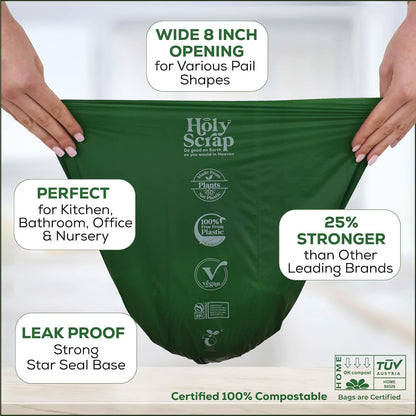 Holy Scrap! Compostable Trash Bags Small - Pack of 200 - Kitchen Compost Bags 2.6 Gallon Trash Bags - Compost Biodegradable Bags 1-3 Gallon Countertop Garbage Bin - Bathroom Bio Mini Trash Can Liners