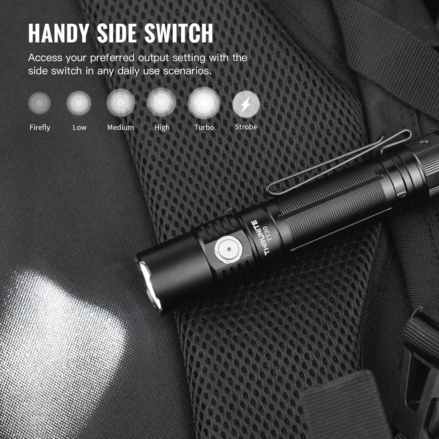 ThruNite TT20 Tactical Dual Switch LED Flashlight, High 2010 Lumens, Long 305 Meters Beam Distance, USB-C Rechargeable Flashlight Compact for Hunting, Hiking - Black CW