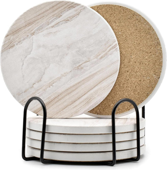 6PCS Coasters for Drinks with Metal Holder, Marble Style Ceramic Drink Coaster, Absorbent Coasters Set Suitable for Kinds of Cups, Wooden Table, Cool Home Decor, 4 Inches