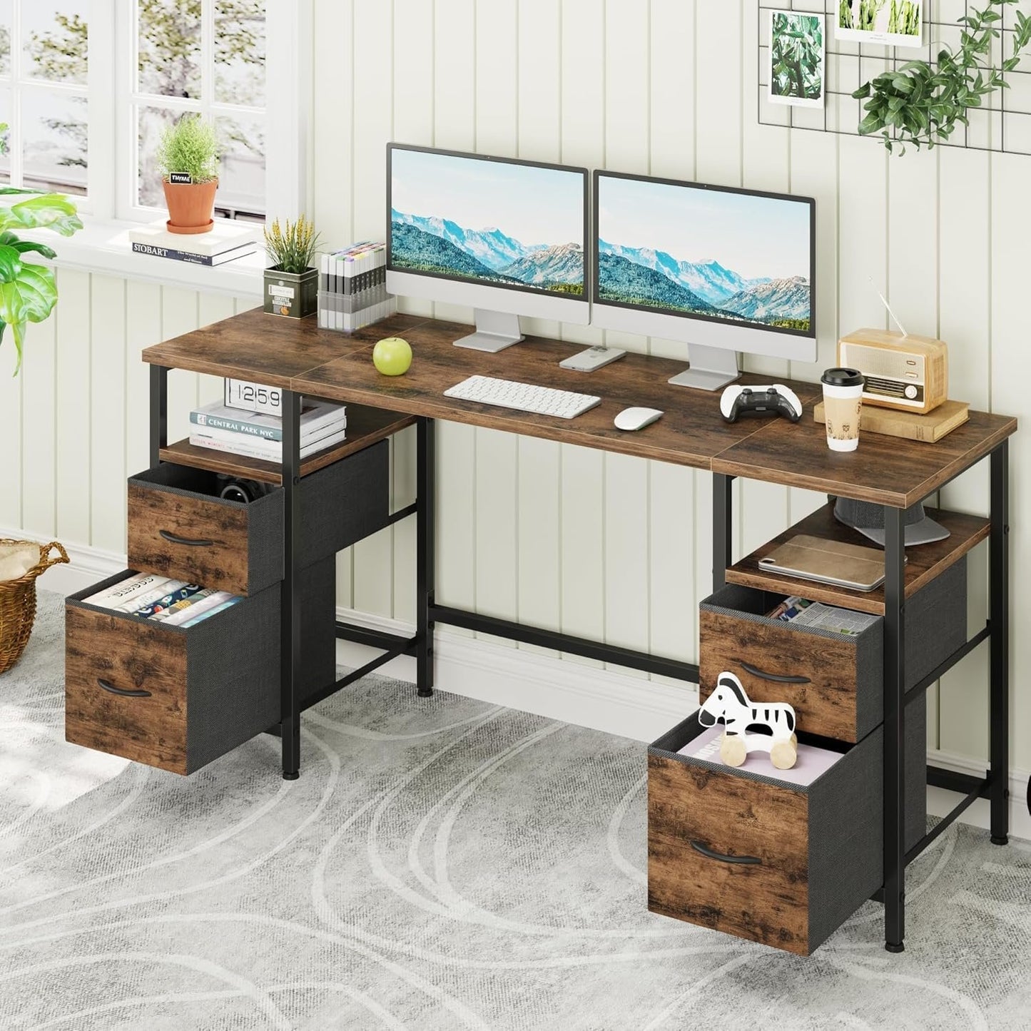 YAOHUOO Computer Desk with 4 Fabric Drawers Organizer - 63"/160 Office Desks with File Drawer Organization, PC Work Desk Study Writing Table Workstation for Home Office Space Rustic Brown