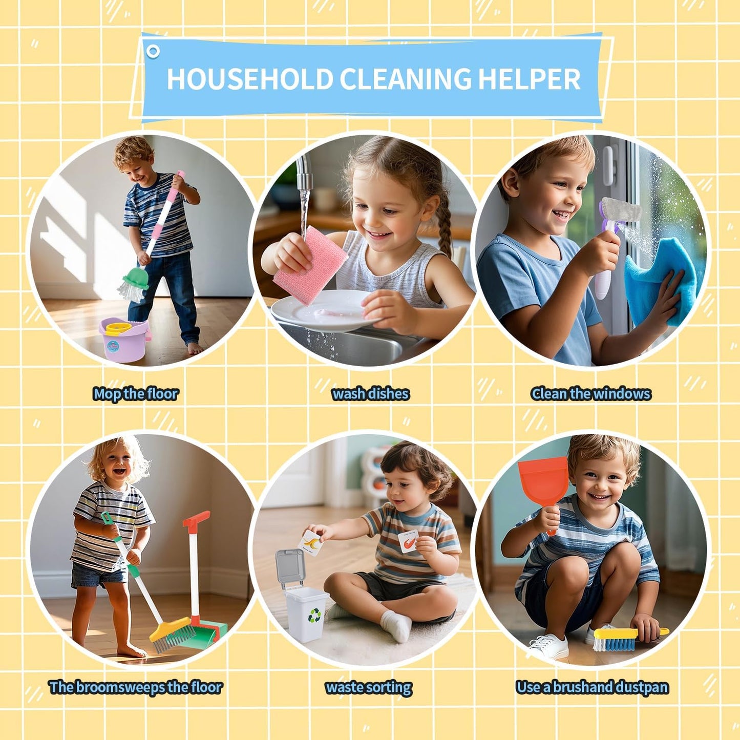 Detachable Kids Cleaning Toy Set - Broom, Mop, Dustpan, Brush, Rag Play, Housekeeping Kit, STEM Really Clean Toys Educational Toddler Pretend Play Toy Gift for Boys Girls-15PCS