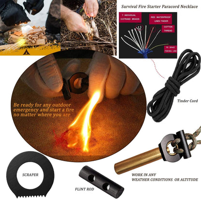 BSGB Fire Starter Paracord Necklace EDC Military Survival Gear Tinder Cord Fire Steel and Striker Kit Magnesium Ferro Rod Tool Fishing Tools for Emergency Outdoor Hiking Camping Hunting