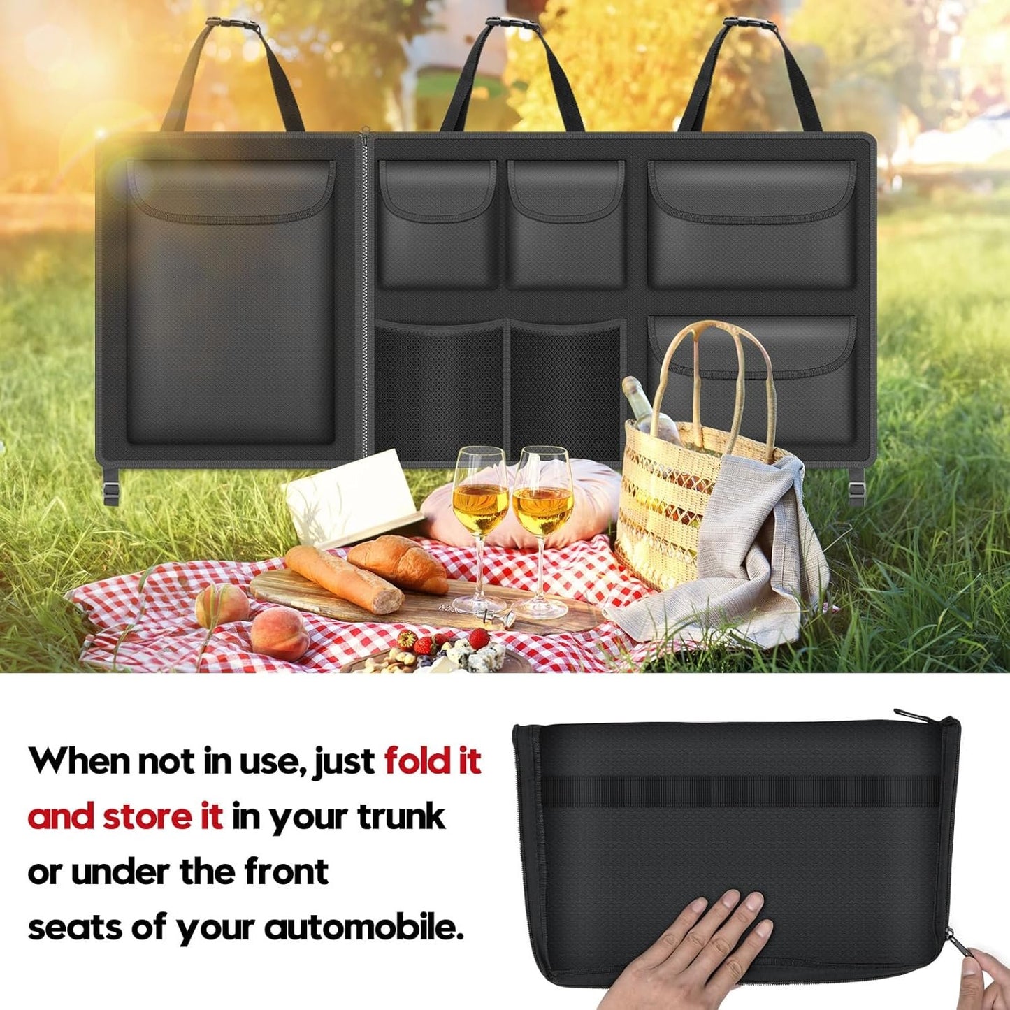 Hanging Trunk Organizer for SUV, Super Capacity Detachable Car Trunk Organizers Back Seat, Foldable Cargo Storage Bag with 7 Pockets & Adjustable Straps for SUVs, Jeeps, Minivans, Maximize Your Space