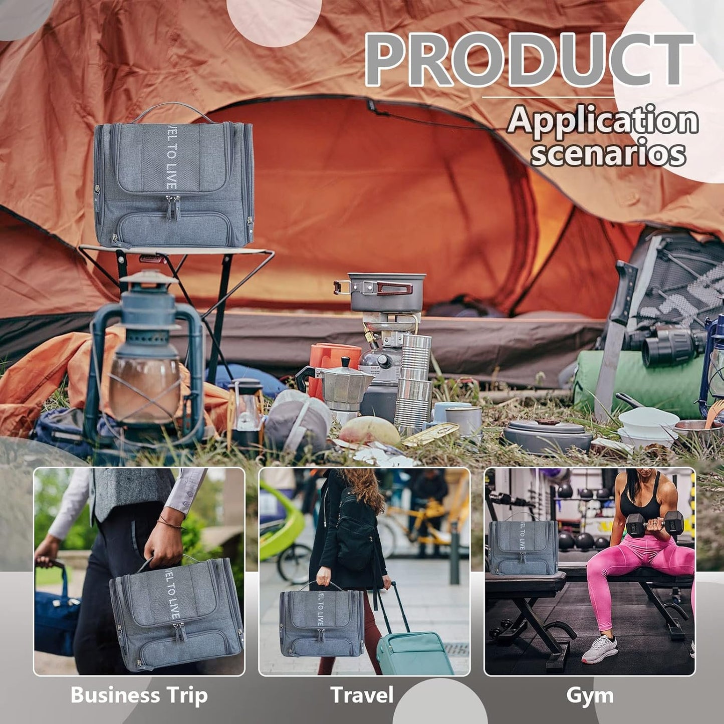 Hanging Travel Toiletry Bag for Women Men, Waterproof Cosmetic Makeup Organizer Bag Storage with Hook, Skincare Hygiene Bathroom Bag for Traveling Full Size Bottles (Gray)