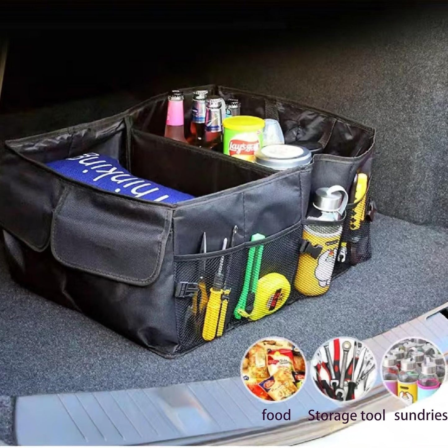 Piaoliu Black Minimalist Car Trunk Organizer, Foldable Multi-Purpose Tools, Garage Sedan Portable Car Accessories