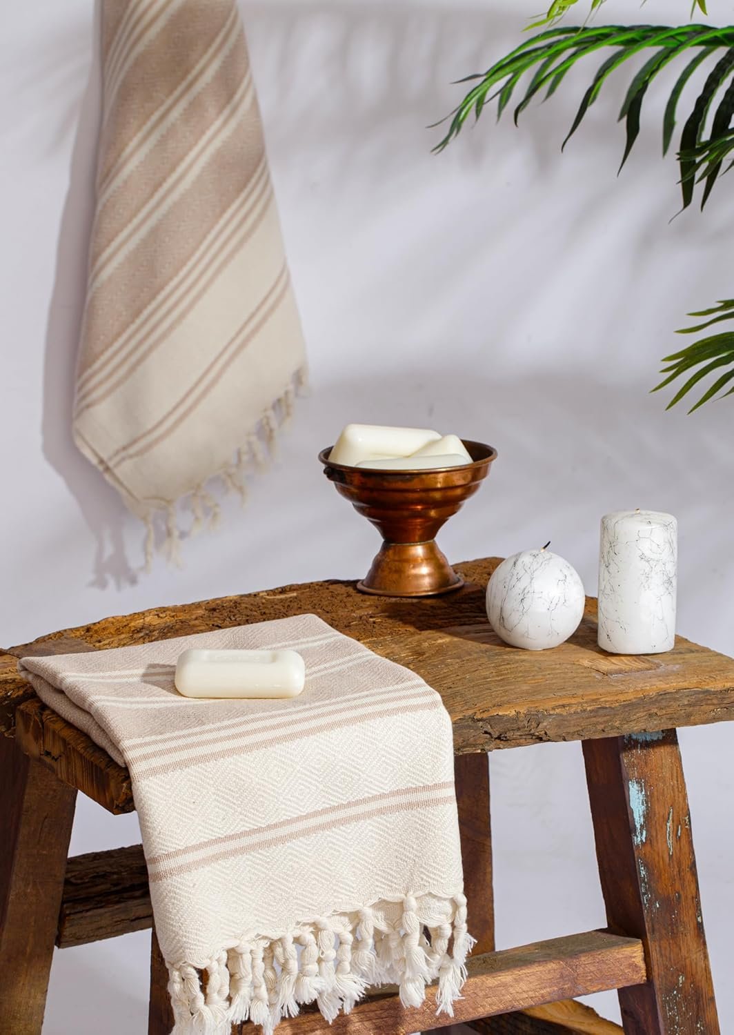 DEMMEX Organic Cotton Diamond Turkish Hand Towels for Bathroom & Kitchen – Set of 2 - Decorative Lightweight Towels for Hand, Face, Dish, Bath, Travel | 100% Oeko-TEX Certified, 46x92cm, Beige