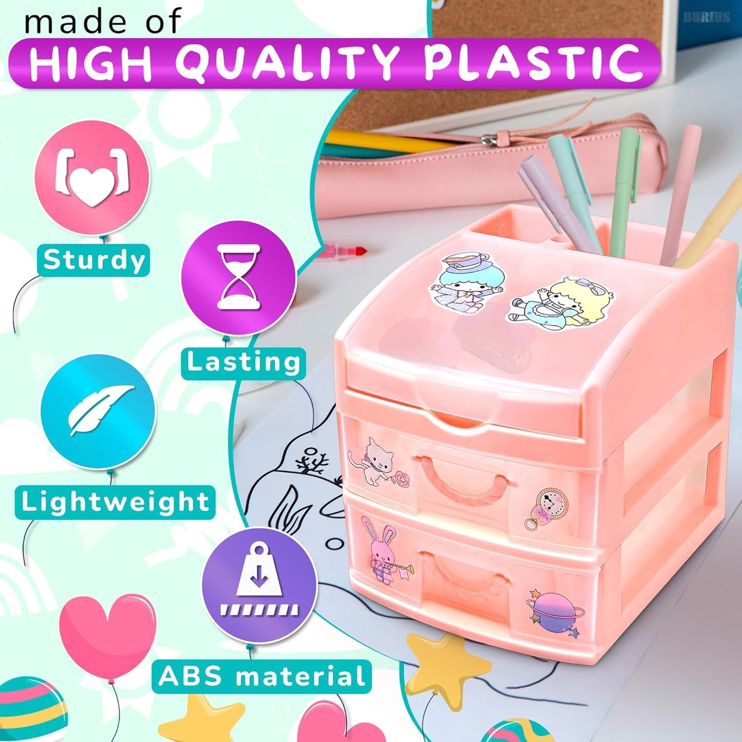 Desk Storage Organizer Pink Plastic Drawers - BURIUS San-X Desk Drawer Organizer Makeup Organizer Office Organization and Storage - Desk Accessories Aesthetic Tabletop Drawers Desktop Storage Drawer