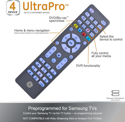 GE Backlit Universal Remote Control for Samsung, Vizio, LG, Sony, Sharp, Roku, Apple TV, RCA, Panasonic, Smart TV, Streaming Players, Blu-Ray, DVD, Simple Setup, 4-Device, Graphite, 48848
