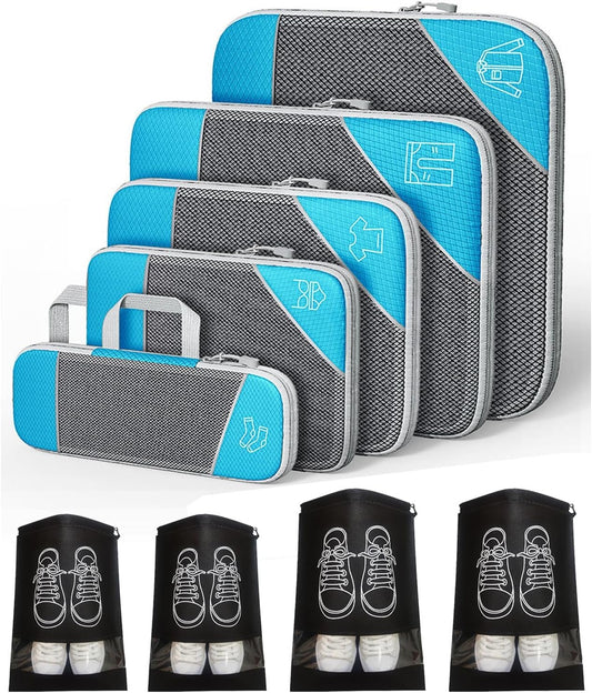 Compression Packing Cubes, Set of 9 Areaphmet Travel Packing Organisers travel packing cubes set Compression Bags for Travel Luggage Organizers for Suitcases Travel Accessories (Skyblue- 9pcs)